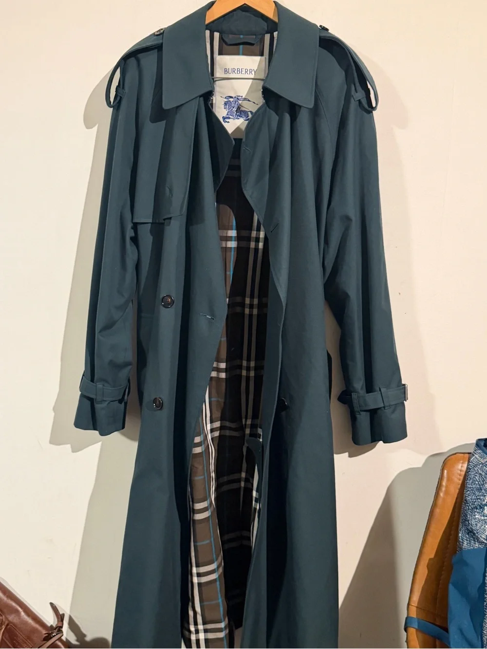 Burberry Men’s Teal Trench Coat with Signature Plaid Lining